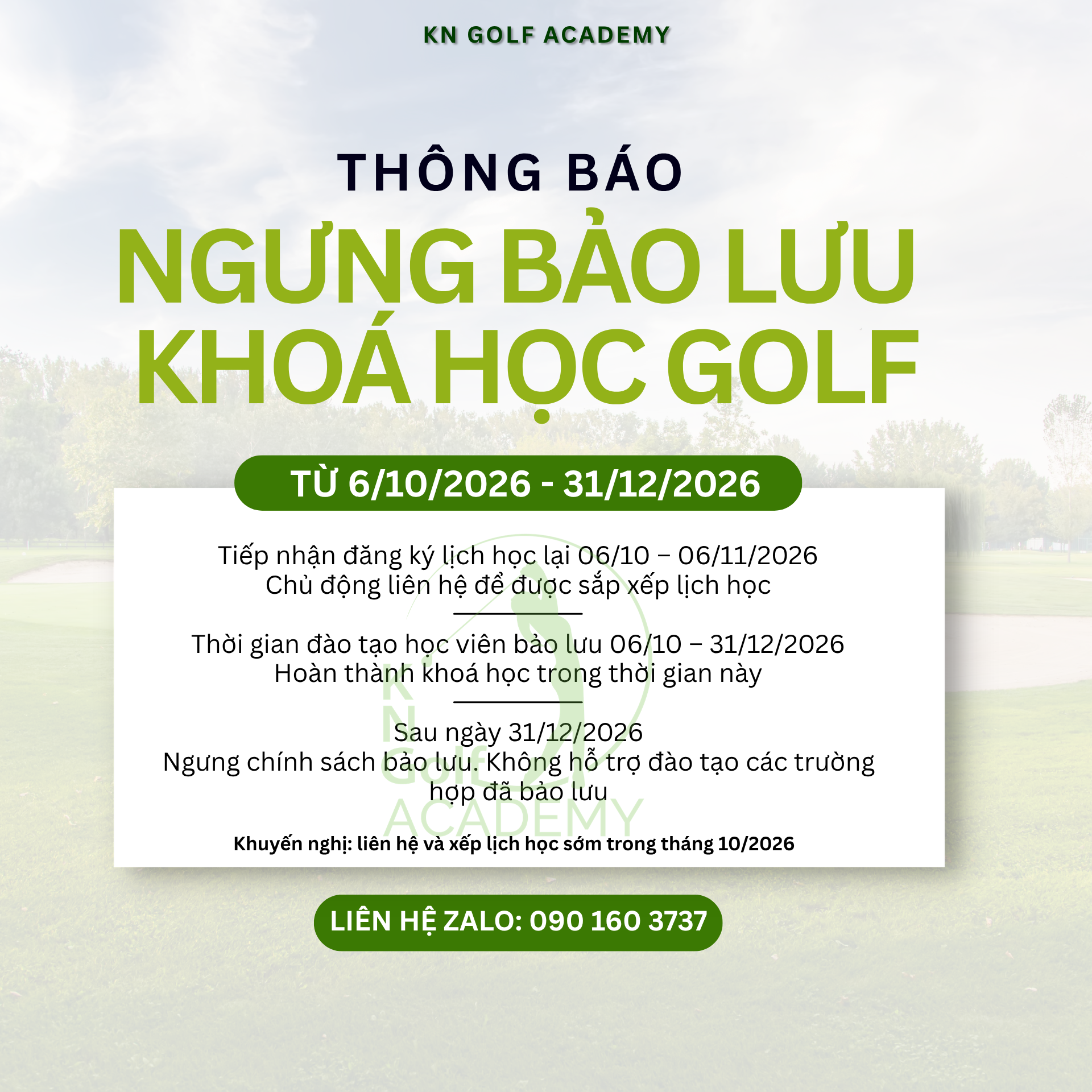 Thông báo ngưng bảo lưu học phí khóa học Golf | KN Golf Academy